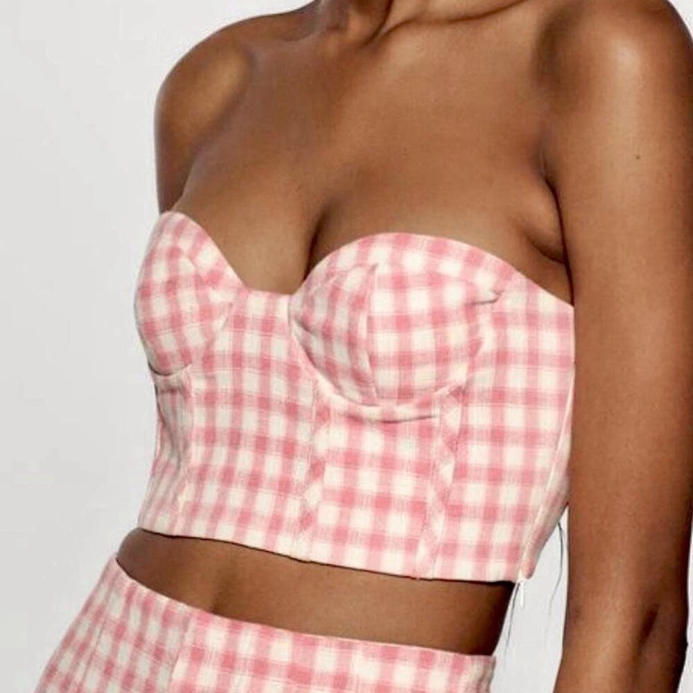 Zara Pink Gingham Check Corset Style Strapless Bustier Crop Top & Pants Set - Picture 4 of 5